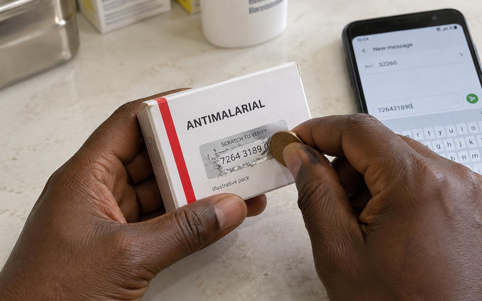 Illustrative medicine pack: a patient scratches the silver security label to reveal a verification PIN beside a phone.