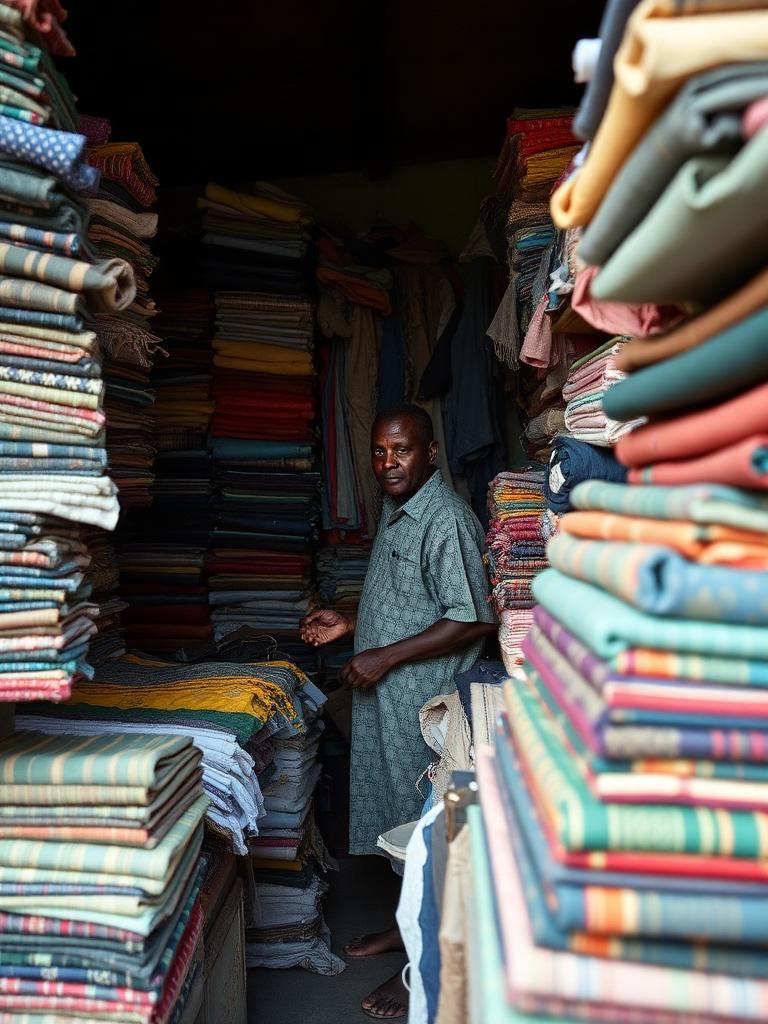 Hausa man arranging bolts of cloth at his textile market stall