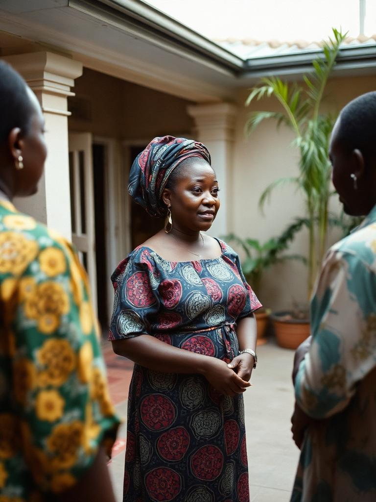 Yoruba woman in ankara and gele chatting with family in an urban courtyard