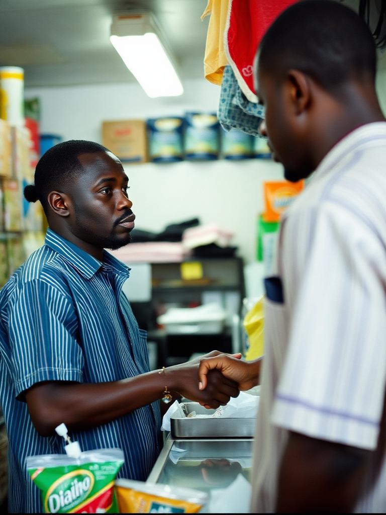 Igbo shopkeeper serving a customer across his counter