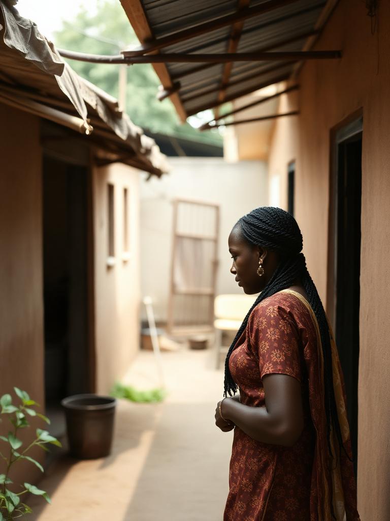 Fulani woman with braided hair going about her day in a tidy home courtyard