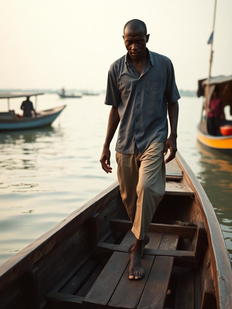 Ijaw man stepping off a wooden boat at a Niger Delta waterfront