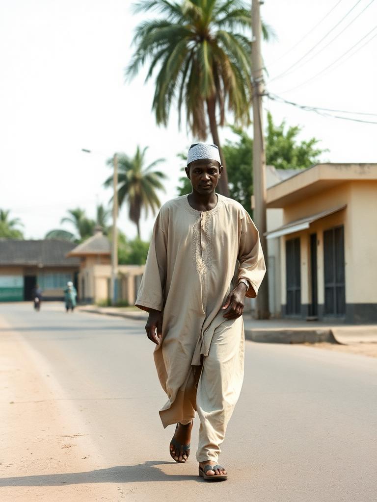 Kanuri man walking along a clean north-eastern town street