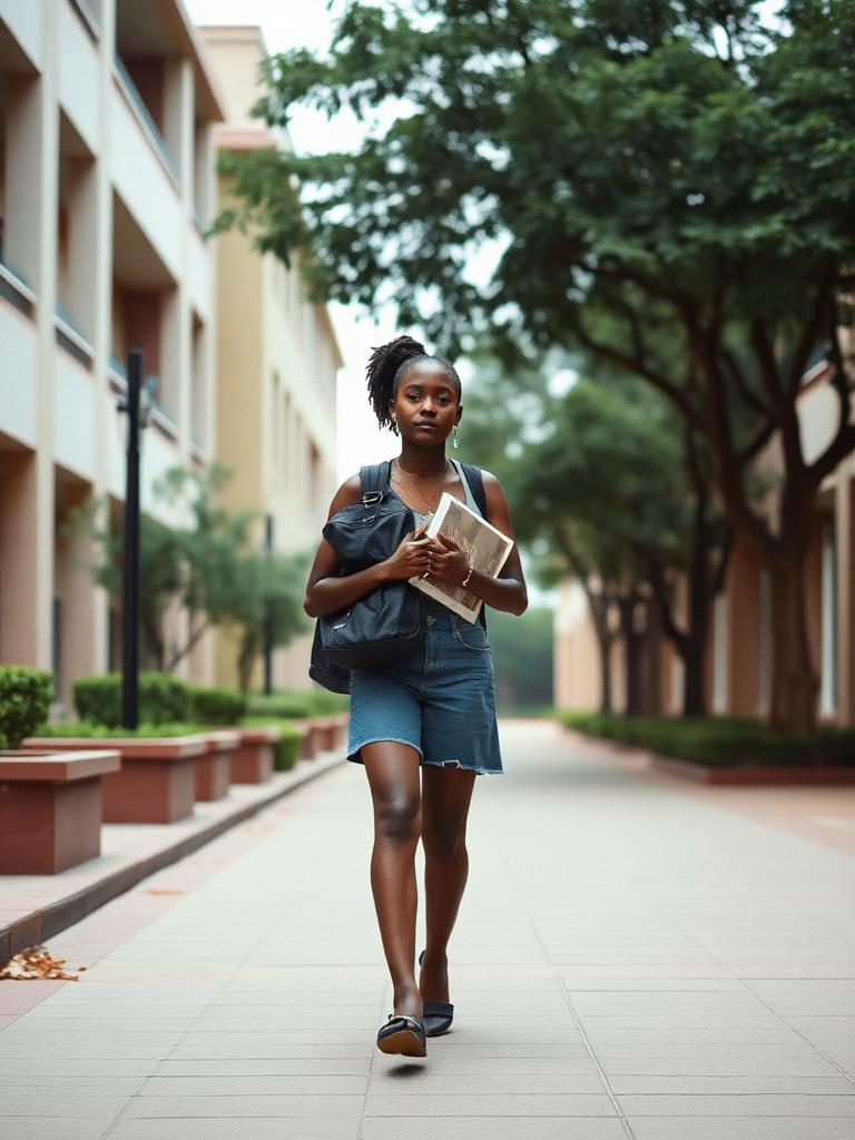 Female university student walking across a campus with backpack and books