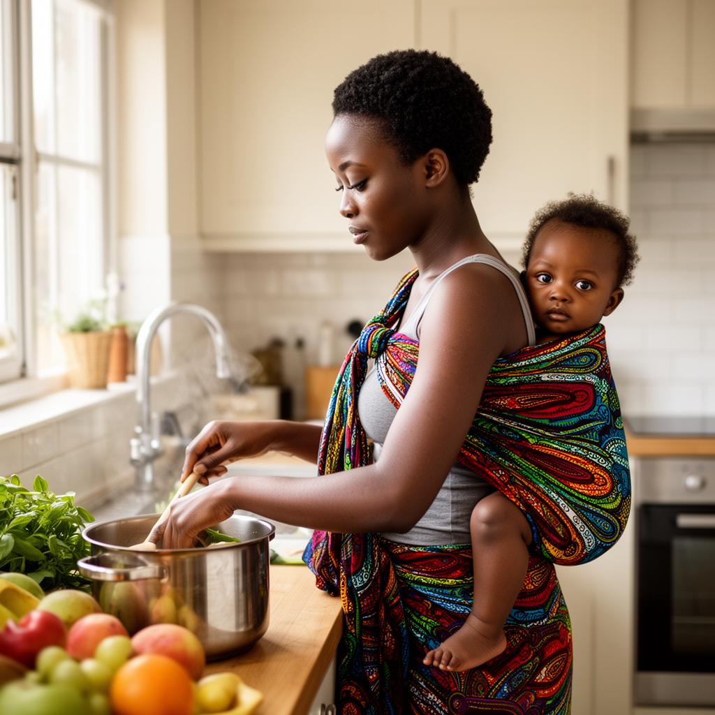 Young mother doing housework with her baby on her back in a bright home