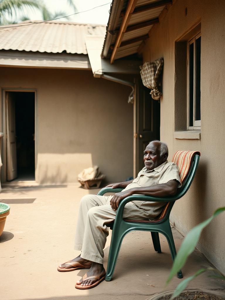 Older man relaxing on a chair outside his tidy home