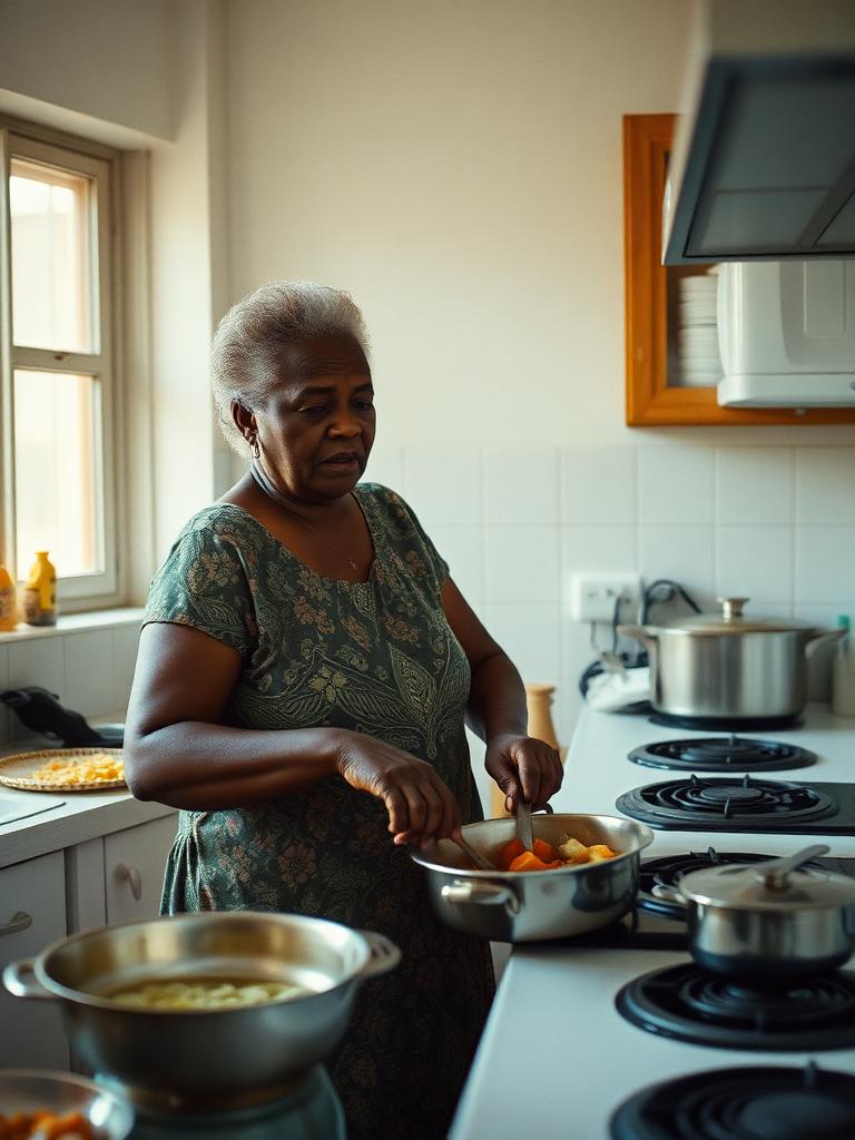 Older woman preparing food in a tidy kitchen
