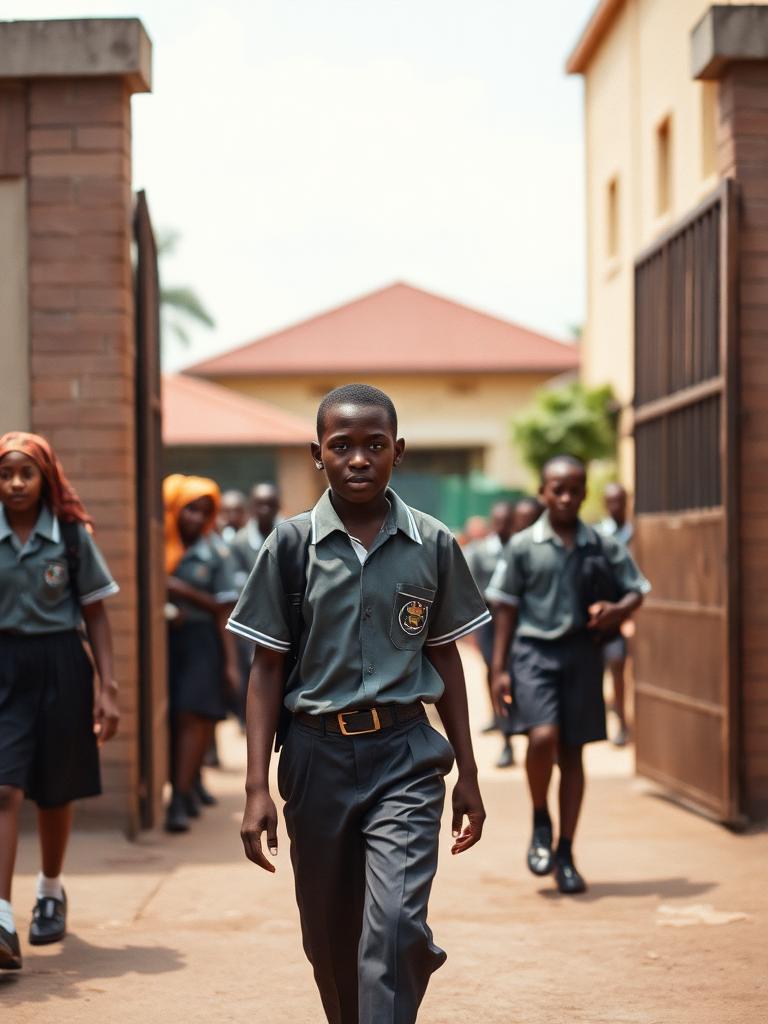 Teenage boy in school uniform walking out of the school gate with classmates