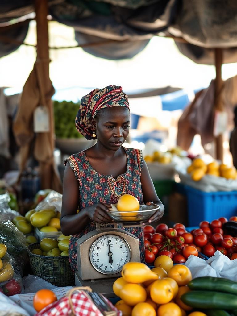 Woman trader weighing produce at her well-stocked market stall