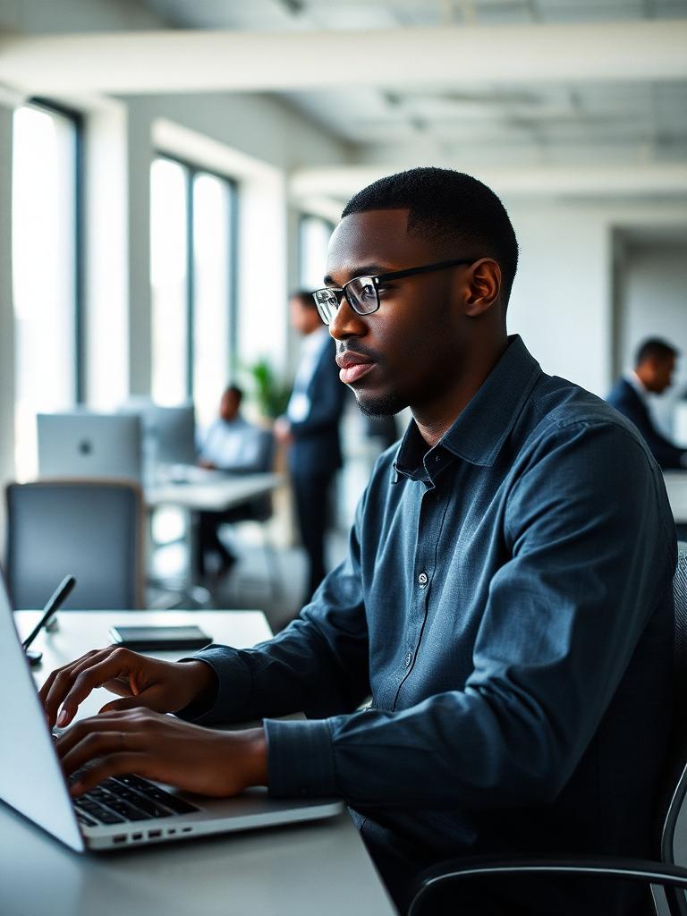 Young man working at a laptop in a modern open-plan office