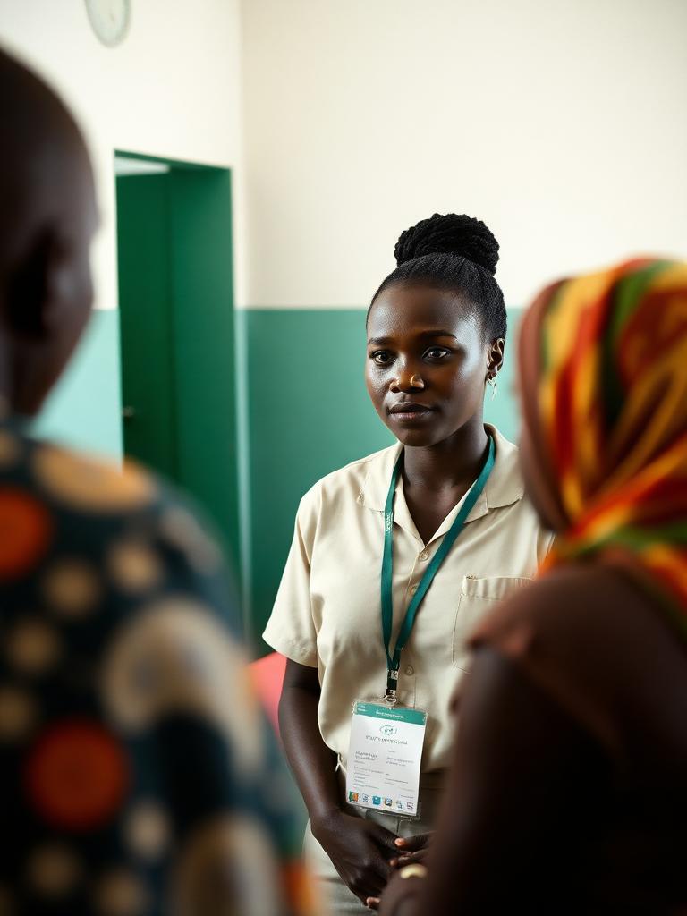Female community health worker talking with a patient at a community clinic