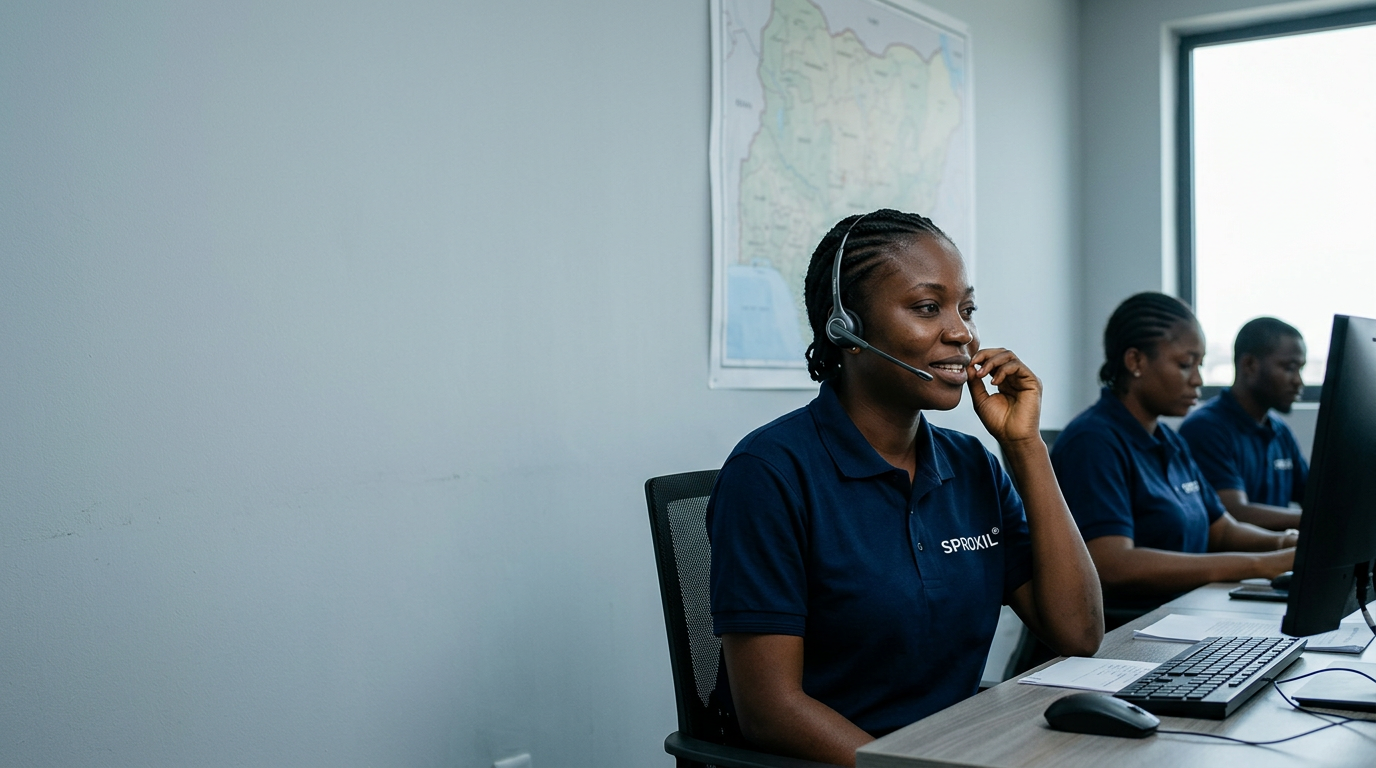 A Nigerian SNMS field interviewer in a Sproxil-branded polo, wearing a headset, taking a survey call in a professional call center with a map of Nigeria mounted behind her.